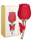 Red Butterfly Rose Toy with gold-colored curved stem and butterfly accent beside its retail box