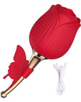 Red Butterfly Rose Toy with textured flower head, gold-colored curved stem, butterfly accent and USB charging cable