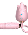 Pink Licking Rose Toy with raised tongue, two front controls and a connected rounded dildo with ribbed detail