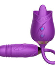Purple Licking Rose Toy with raised tongue, two front controls and a connected rounded dildo with ribbed detail