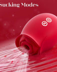 Close-up of the red Love Flower rose head showing its circular suction opening and two control buttons; nine suction modes