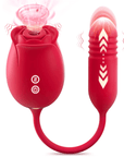 Red Love Flower Rose Toy with a rose-shaped suction end, two front buttons and connected ribbed thrusting end