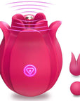 Pink rose massager with illustrated vibration rings around the central contact point and two silicone heads