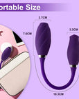 Rose Petal vibrator size diagram: 7.6 by 3.7 cm elongated end, 7.1 by 3.3 cm control end and 18.3 cm connector marking