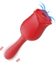 Red rose suction toy with open flower head, two front controls and a curved rounded vibrating tail