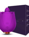 Purple rose tongue vibrator with raised contact point and two buttons shown beside its dark retail box