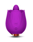 Purple rose toy with raised tongue, two front controls, ribbed petal contours and gold-colored base