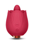 Red rose toy with raised tongue, two front controls, ribbed petal contours and gold-colored base