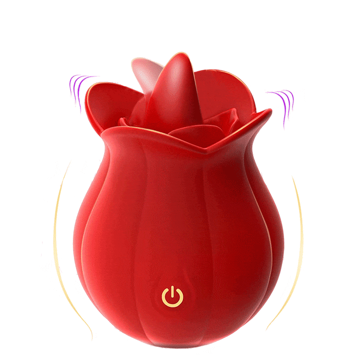 Red rose tongue vibrator with petal-shaped head, raised licking tongue and single control button