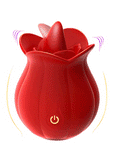 Red rose tongue vibrator with petal-shaped head, raised licking tongue and single control button