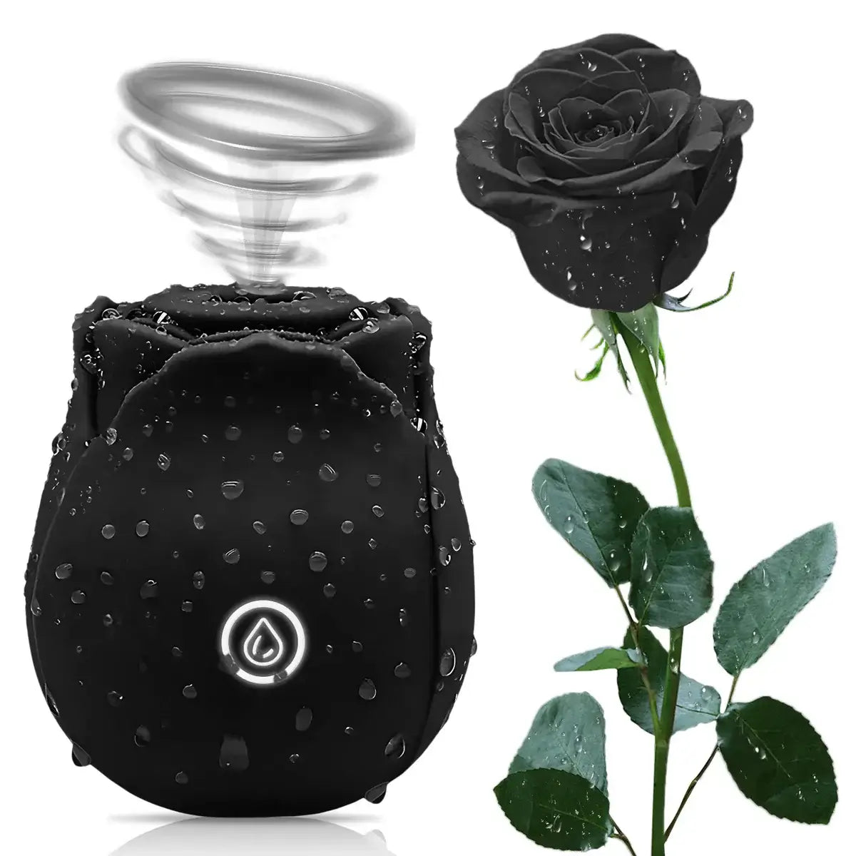 Black rose-shaped suction and vibration toy beside a black rose