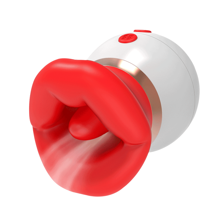 3-in-1 rose tongue and suction vibrator with white rounded body, red lip-shaped opening and central tongue