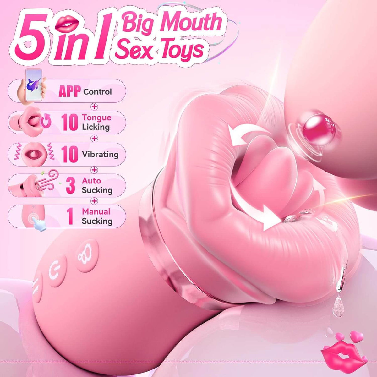 5IN1 Mouth Rose Sucking Vibrator Rose Sex Toy, 10 Tongue Licking, New APP
