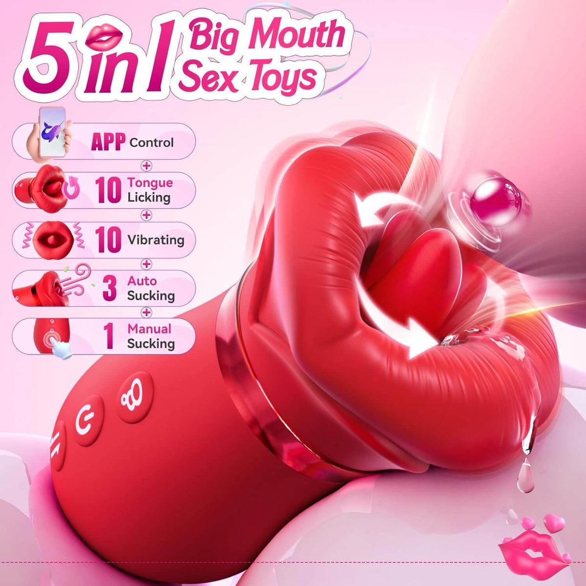 5IN1 Mouth Rose Sucking Vibrator Rose Sex Toy, 10 Tongue Licking, New APP