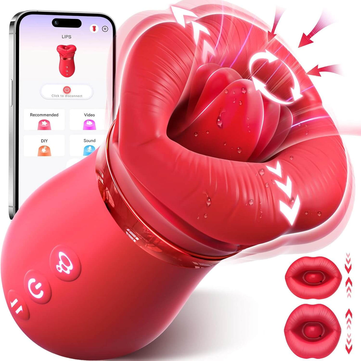 Mouth Rose vibrator showing lip-shaped opening, rotating tongue, three controls and app illustration