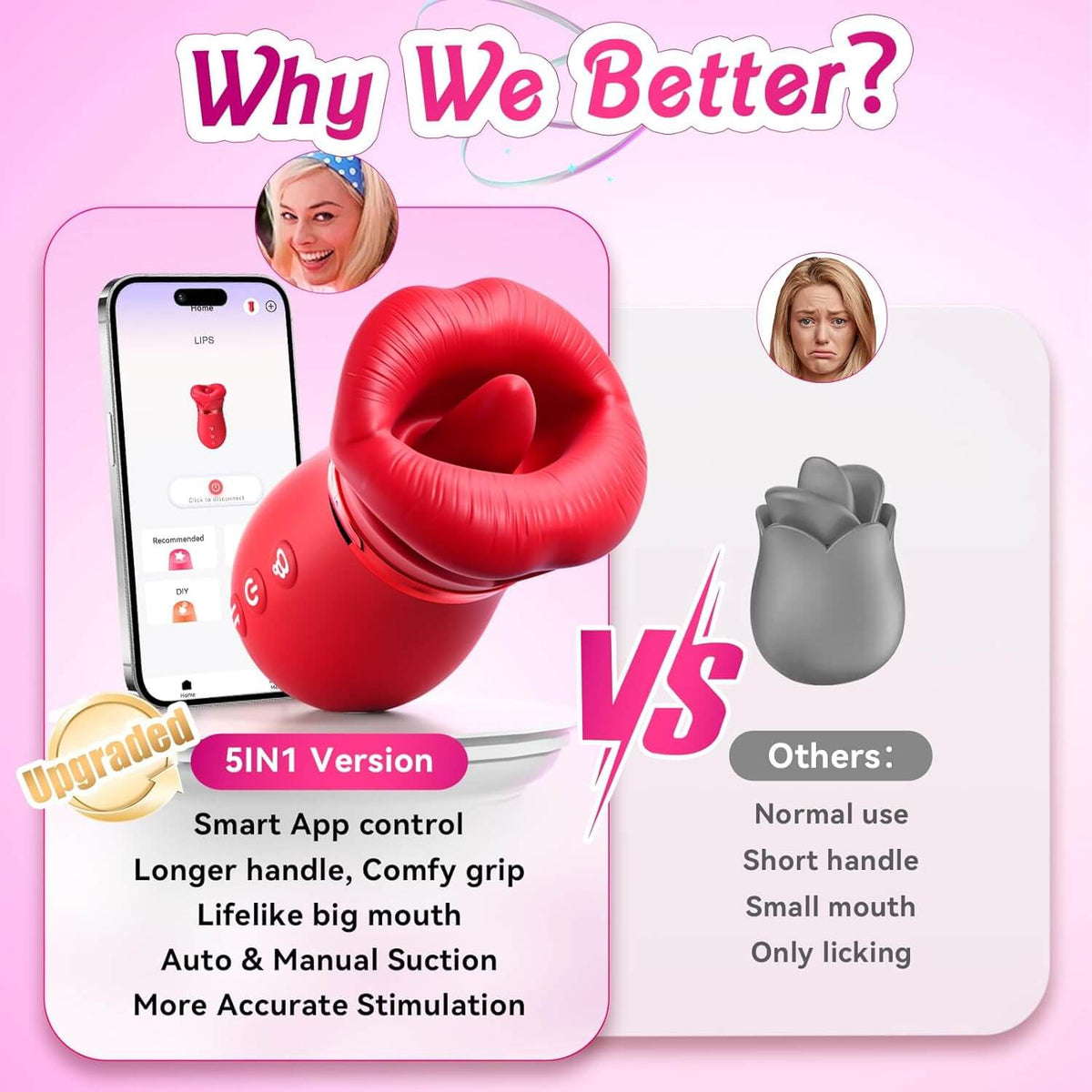 5IN1 Mouth Rose Sucking Vibrator Rose Sex Toy, 10 Tongue Licking, New APP