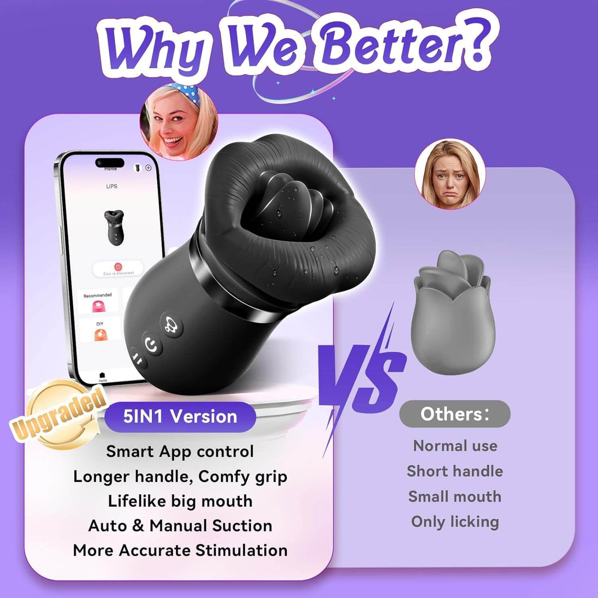 5IN1 Mouth Rose Sucking Vibrator Rose Sex Toy, 10 Tongue Licking, New APP