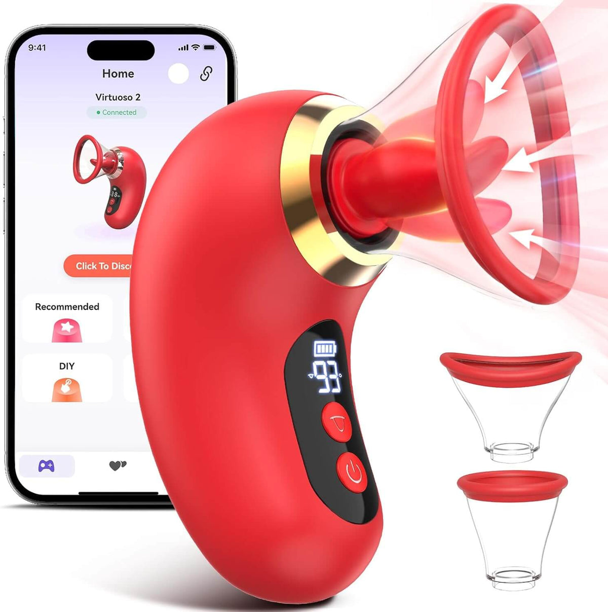 Red 5-in-1 suction and tongue vibrator with LCD display, Joyhub app illustration and two removable cups