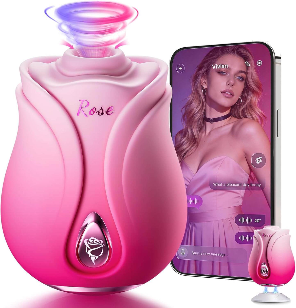 Pink gradient Noble Edition rose suction toy with app illustration and magnetic charging dock