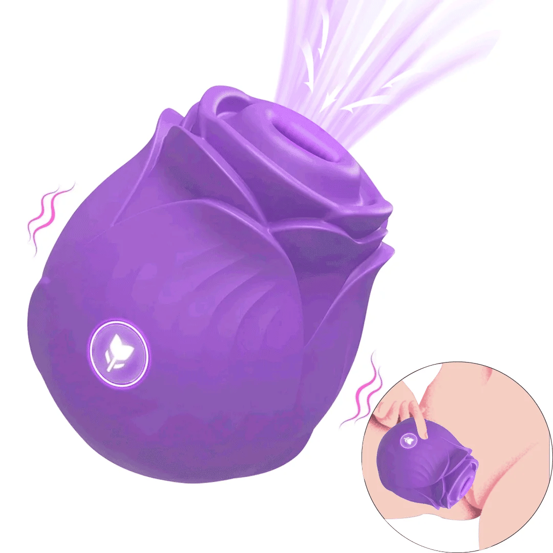 Purple Amora rose-shaped clitoral suction toy showing rounded opening and control button