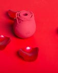 Red Rose Toy Sucking Vibrator with central opening on a background of rose petals