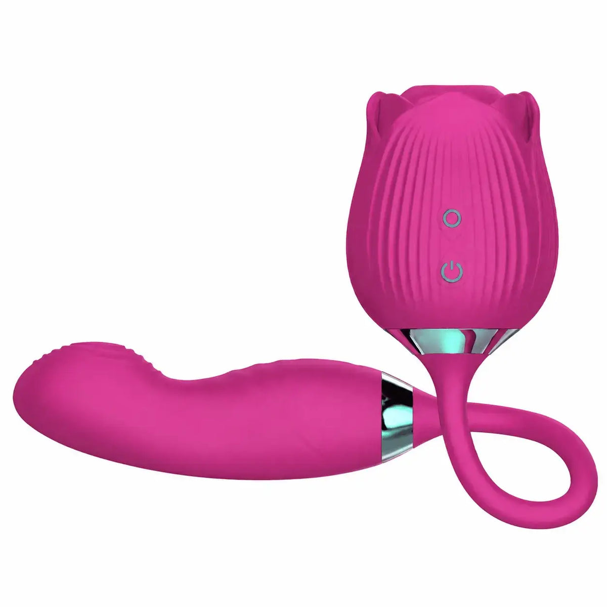 Purple rose suction toy with two control buttons and a connected curved vibrating dildo extension