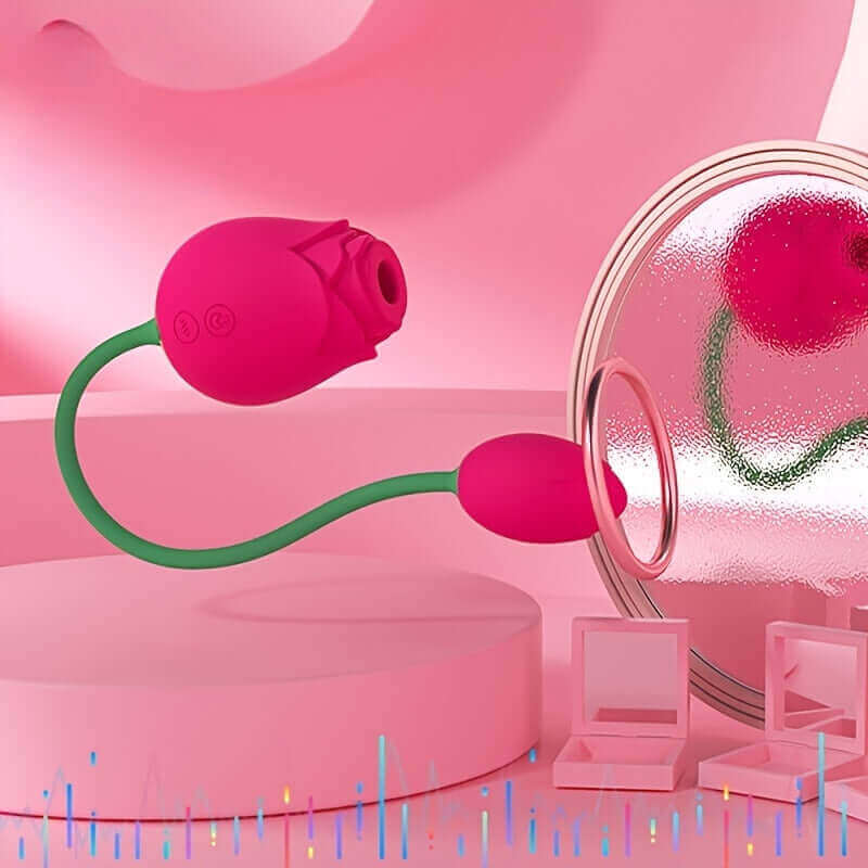 Side view of pink Adult Rose Toy with an open rose head, two buttons and a smaller bud connected by a curved green stem