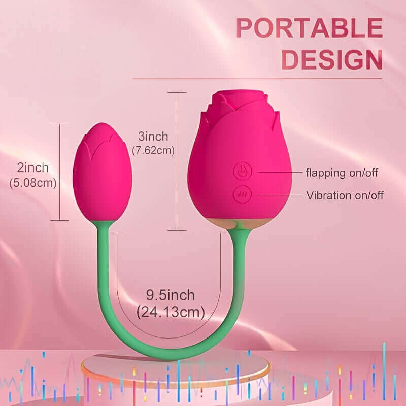Adult Rose Toy dimension guide: 3-inch rose head, 2-inch connected bud and 9.5-inch flexible stem, with flapping and vibration buttons
