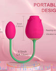 Adult Rose Toy dimension guide: 3-inch rose head, 2-inch connected bud and 9.5-inch flexible stem, with flapping and vibration buttons