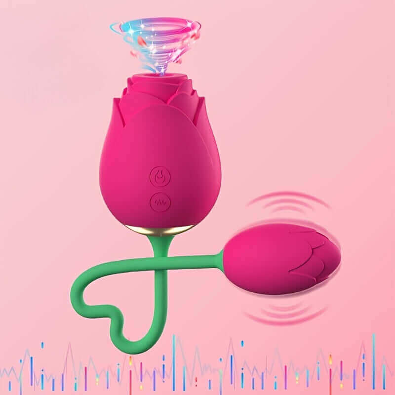 Pink Adult Rose Toy function illustration showing the rose-head opening and vibration around its connected rosebud