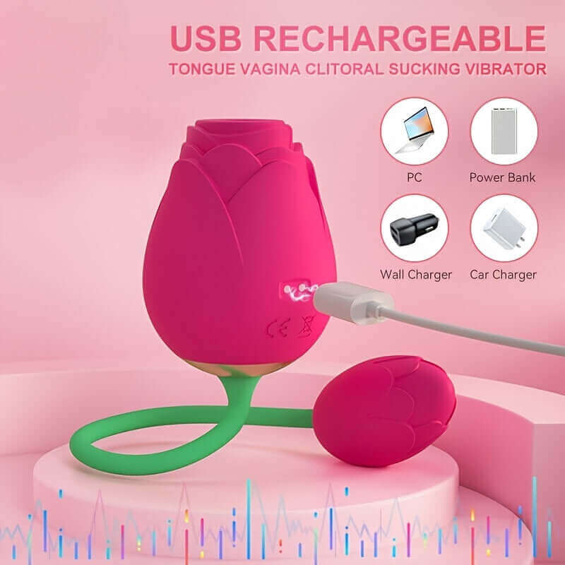 Rear view of Adult Rose Toy with a magnetic USB charging cable aligned to the two contacts on the rose body