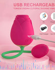 Rear view of Adult Rose Toy with a magnetic USB charging cable aligned to the two contacts on the rose body