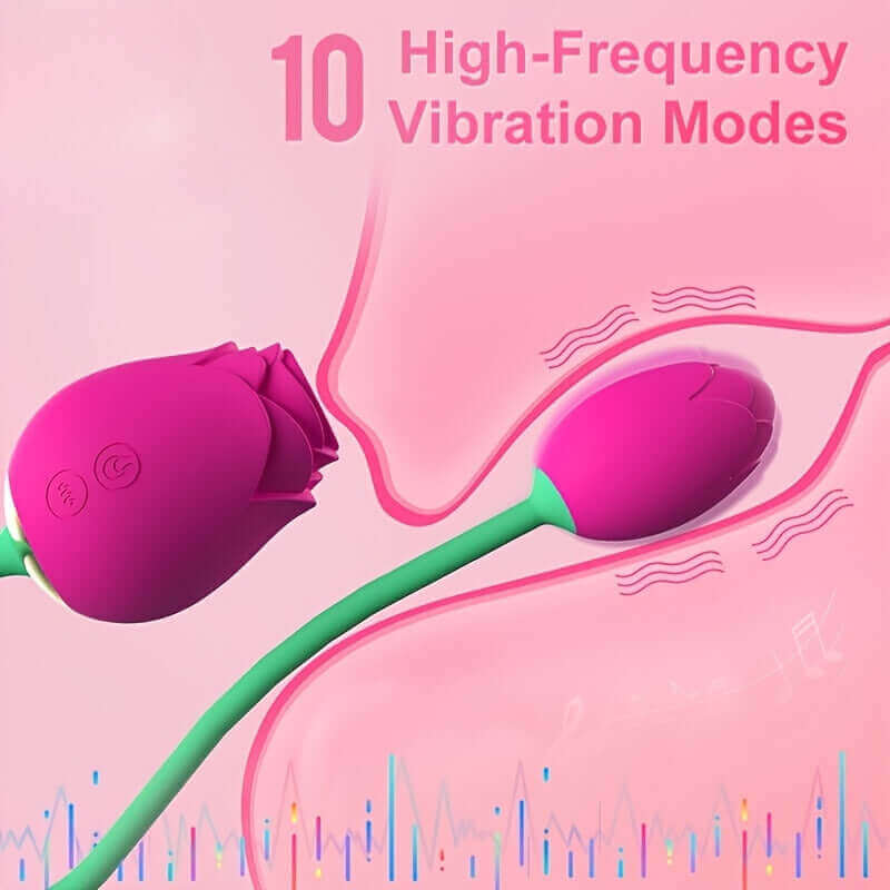 Adult Rose Toy vibration diagram showing a rose-shaped head and a smaller rosebud connected by a green flexible stem