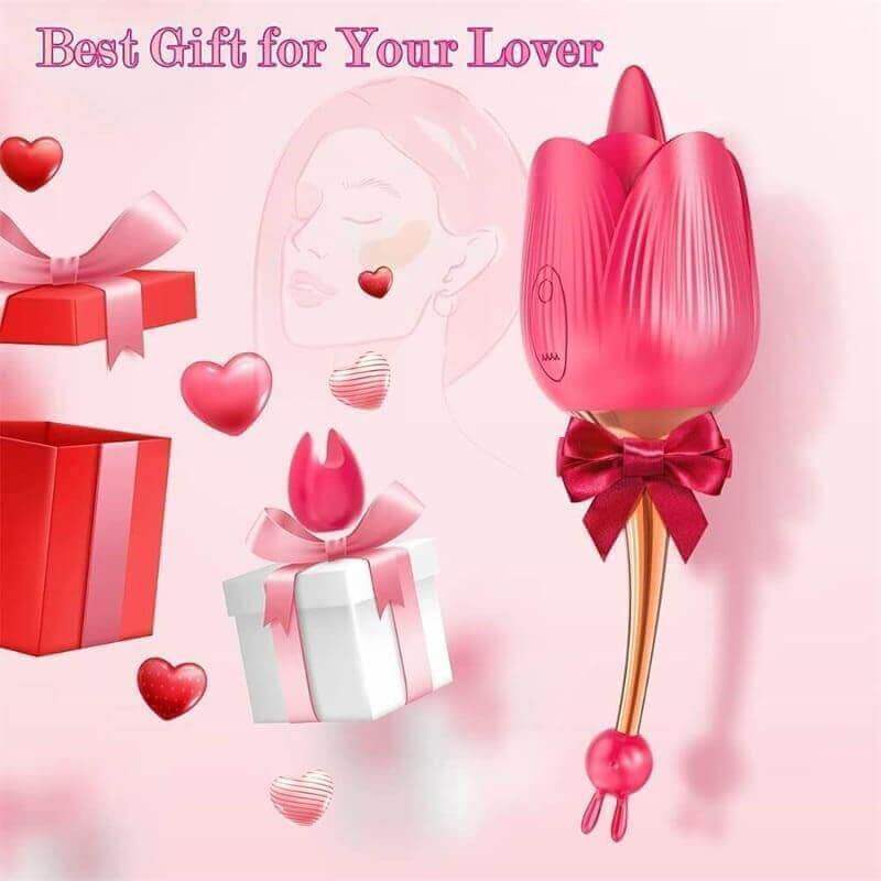 Pink Alvina rose tongue vibrator with its slender stem and silicone attachments pictured beside decorative gift boxes and ribbons