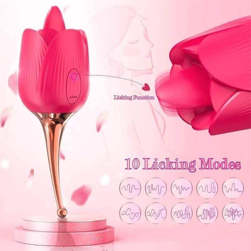Alvina rose tongue vibrator guide showing its raised central tongue, two controls and ten illustrated licking patterns