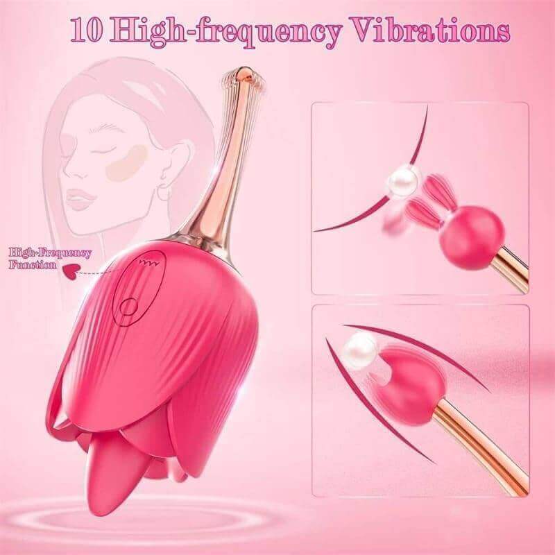 Alvina rose vibrator illustration labeled ten vibration modes, showing its slim stem and two forked silicone attachment shapes
