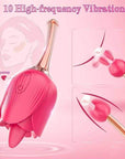 Alvina rose vibrator illustration labeled ten vibration modes, showing its slim stem and two forked silicone attachment shapes