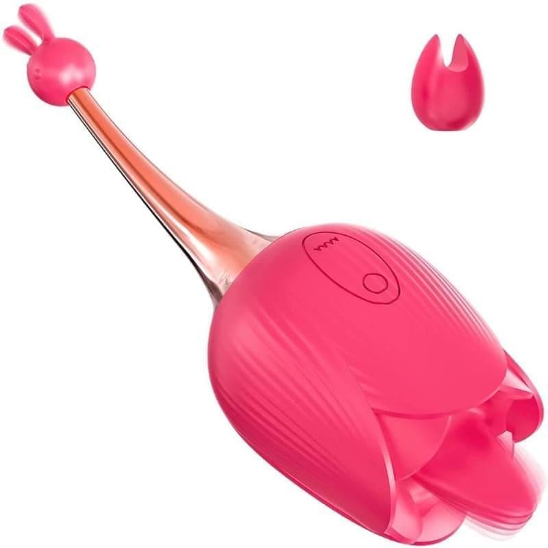 Pink Alvina rose vibrator with textured petals, two buttons, a rose-gold-colored stem and two forked silicone tip attachments