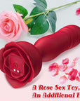 Red rose thrusting plug beside flower petals, showing its ribbed shaft, wide rose base, underside power button and two magnetic charging contacts