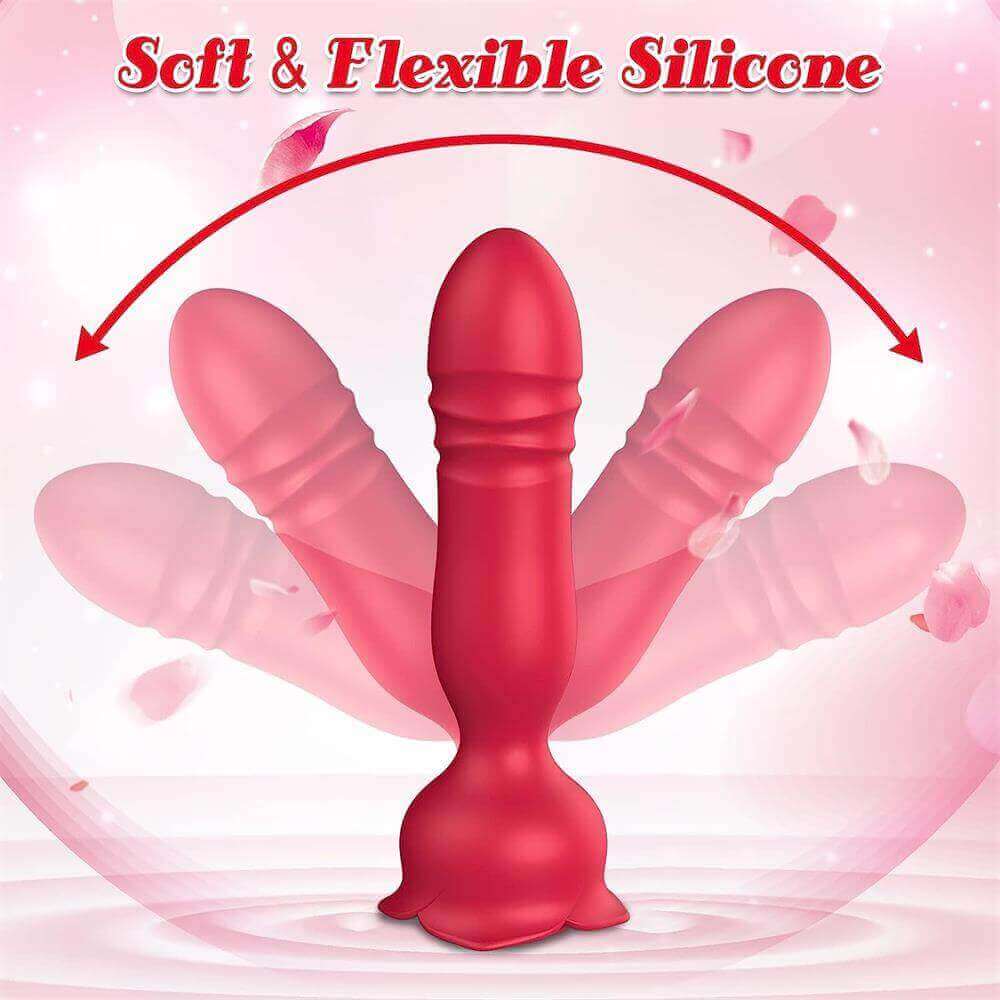 Rose thrusting plug silicone feature graphic showing the red rounded ribbed shaft in several bent positions above its wider petal base