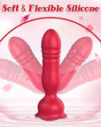 Rose thrusting plug silicone feature graphic showing the red rounded ribbed shaft in several bent positions above its wider petal base