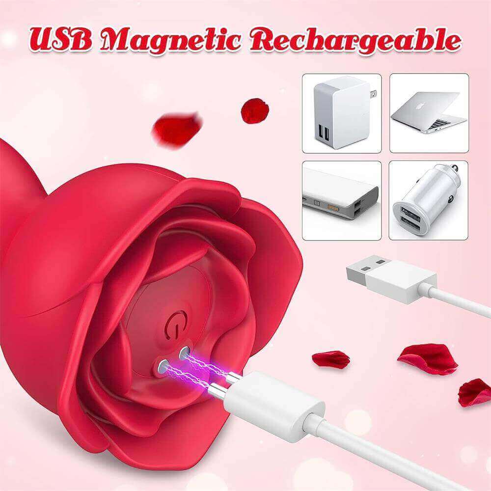 Magnetic USB charging diagram for the red rose thrusting plug showing two contacts beneath the rose base and the matching cable connector