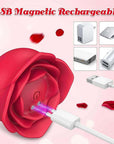 Magnetic USB charging diagram for the red rose thrusting plug showing two contacts beneath the rose base and the matching cable connector
