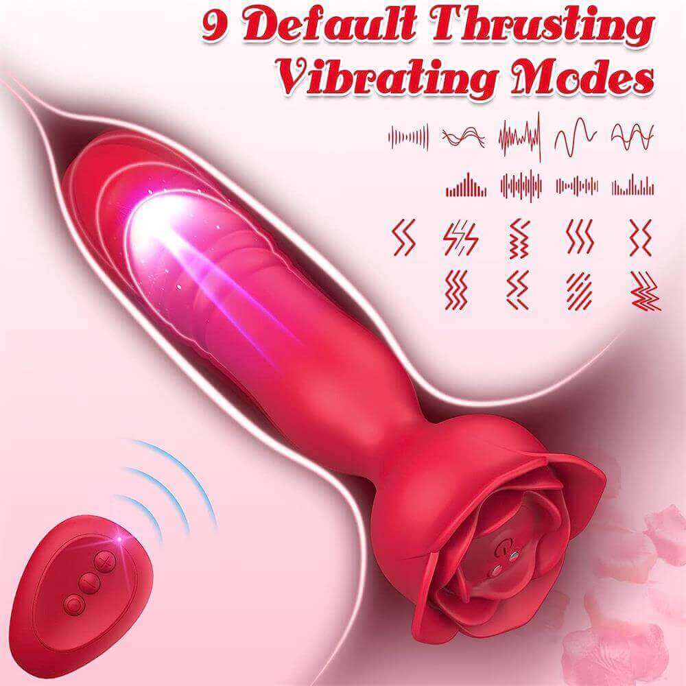 Rose thrusting plug feature graphic showing nine preset thrusting and vibration rhythm symbols with the red three-button remote