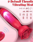 Rose thrusting plug feature graphic showing nine preset thrusting and vibration rhythm symbols with the red three-button remote