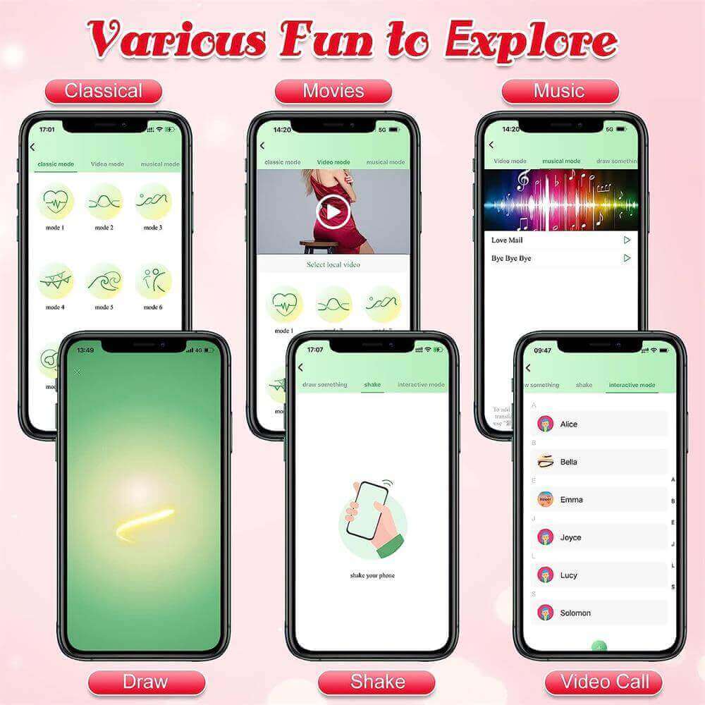 Phone interface examples for the rose thrusting plug showing classic presets, movies, music, drawn patterns, shake control and video call