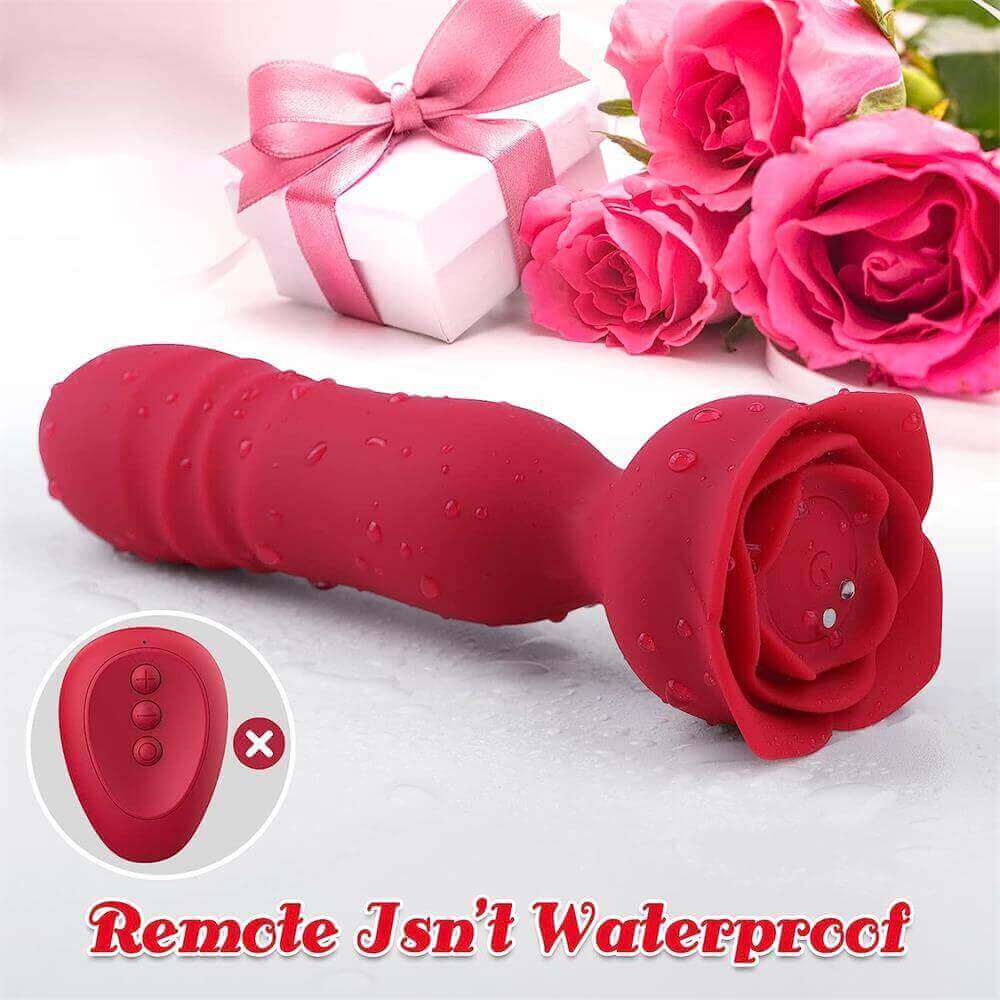 Red rose thrusting plug with water droplets and an inset showing that the separate three-button remote is not waterproof