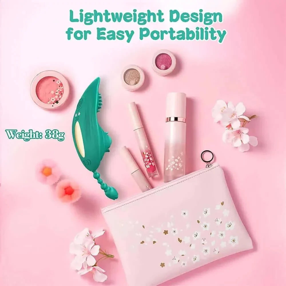 Teal rose wearable vibrator beside a pink cosmetics pouch and makeup items in a portability graphic labeled 38 grams