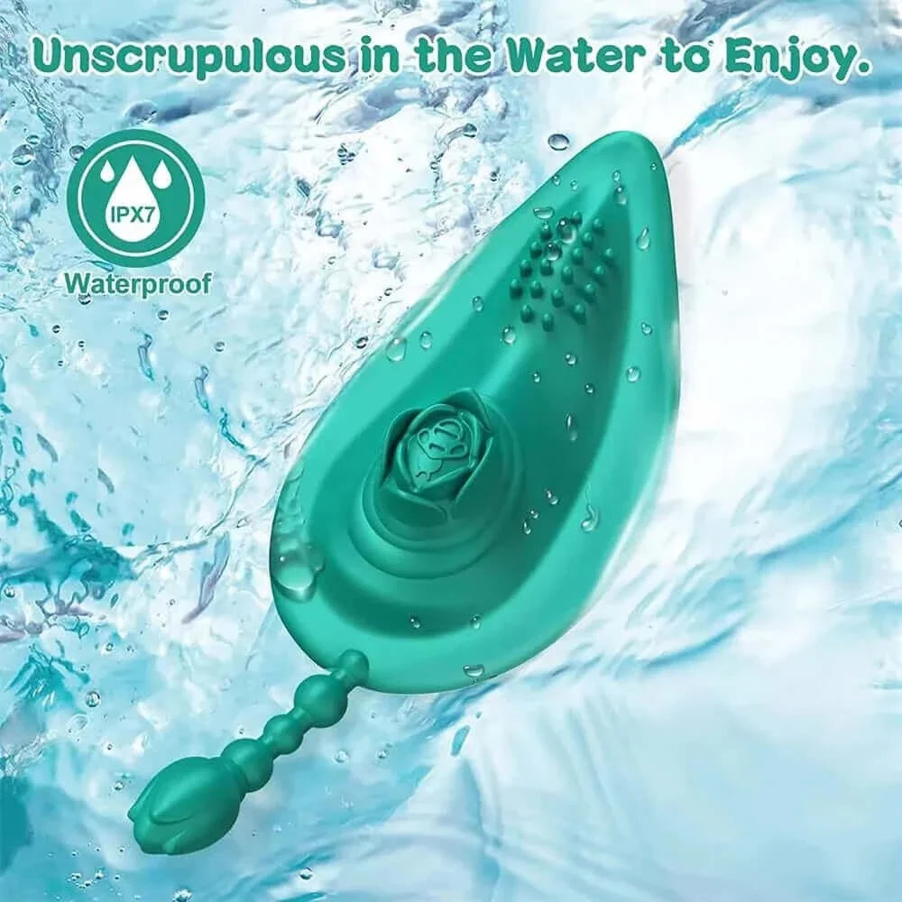 Teal rose wearable vibrator water-resistance graphic showing its textured surface, short beaded tail and IPX7 label