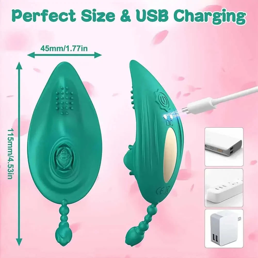 Rose wearable vibrator size and charging diagram showing 115 mm overall length, 45 mm width, rear power button and two-contact magnetic USB connection